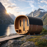 Tynnyrisauna Deluxe Cube etuterassilla ja pukuhuoneella