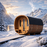 Tynnyrisauna Deluxe Cube etuterassilla ja pukuhuoneella