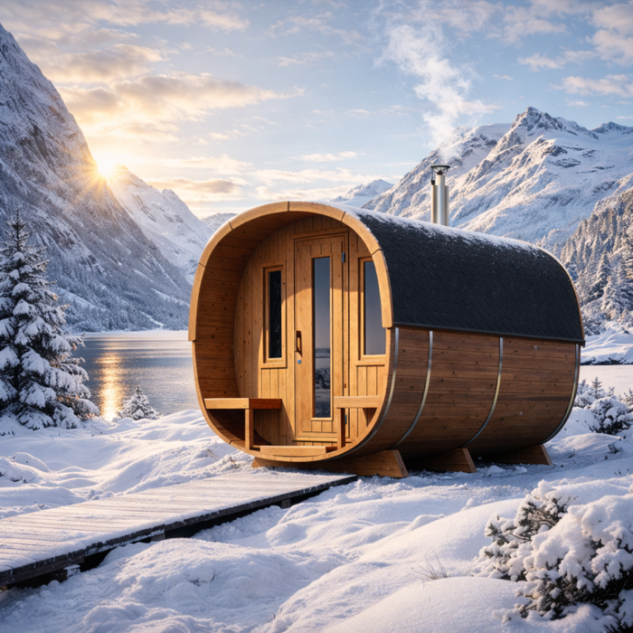 Tynnyrisauna Deluxe Cube etuterassilla ja pukuhuoneella